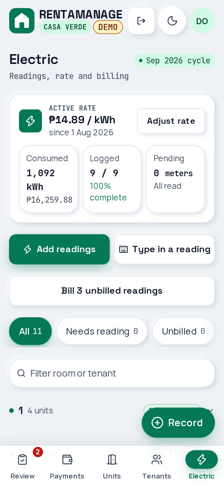 Electric: meter readings and bills
