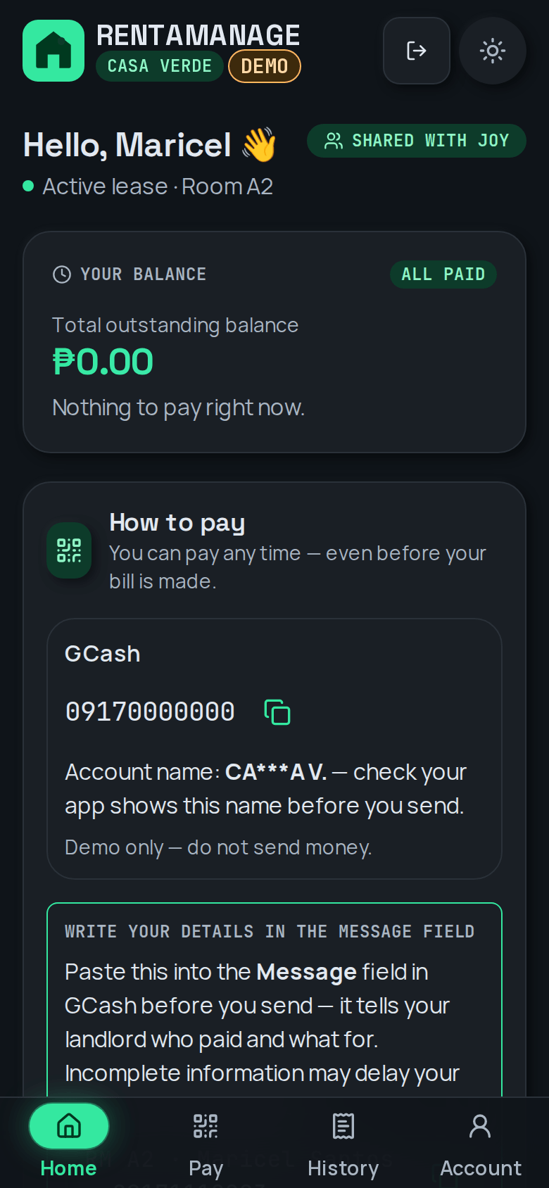 Tenant portal: a tenant's balance on their phone