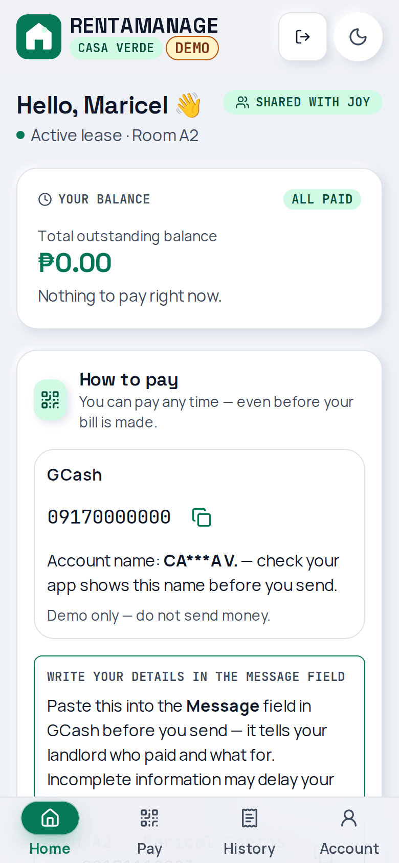 Tenant portal: a tenant's balance on their phone